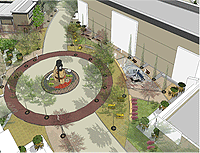 An architectural drawing of an outdoor circular plaza with a central fountain, surrounded by pathways, trees, and plants. Buildings and seating areas border the space.
