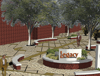 A courtyard with curved benches, trees, and a 'Legacy' sign in the center. The area is paved with stone, with people walking nearby.