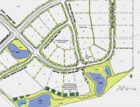A detailed site plan for a new residential development, showcasing a network of winding roads, numerous building lots, and several small ponds. Green spaces and pedestrian paths weave throughout the layout.